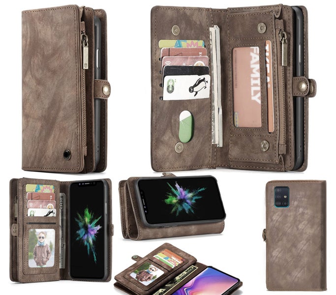 Galaxy a71 retro leather walet case multi card cash pockets zipper brn Carousel 1