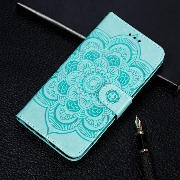 Google pixel 5 PU leather wallet case embossed Mandala pattern (green) Carousel 2