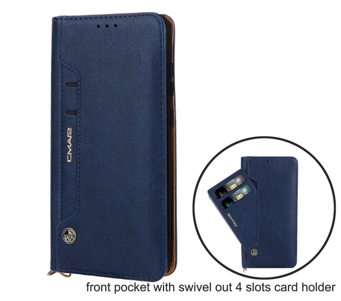 Iphone 15 plus leather wallet case front pocket 6 cards navy Carousel 2