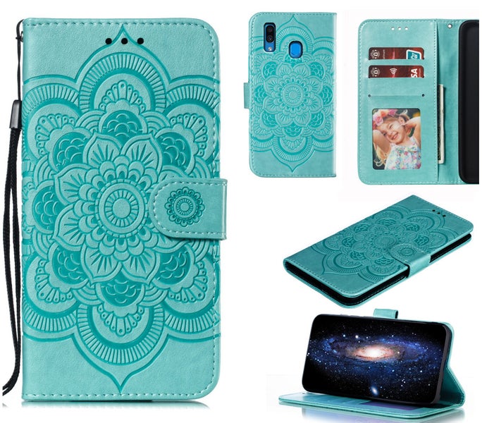 Samsung galaxy a30 PU leather wallet case embossed Mandala pattern (green) Carousel 1