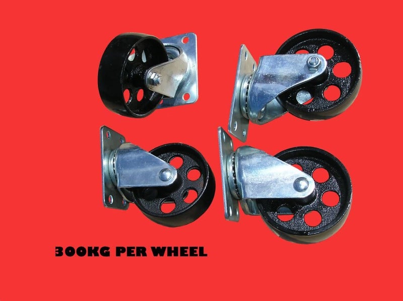 CASTOR WHEELS x 4* CAST IRON* 300KG EACH ( BRAKED WHEELS AVAILABLE) CASTER WHEEL Carousel 1