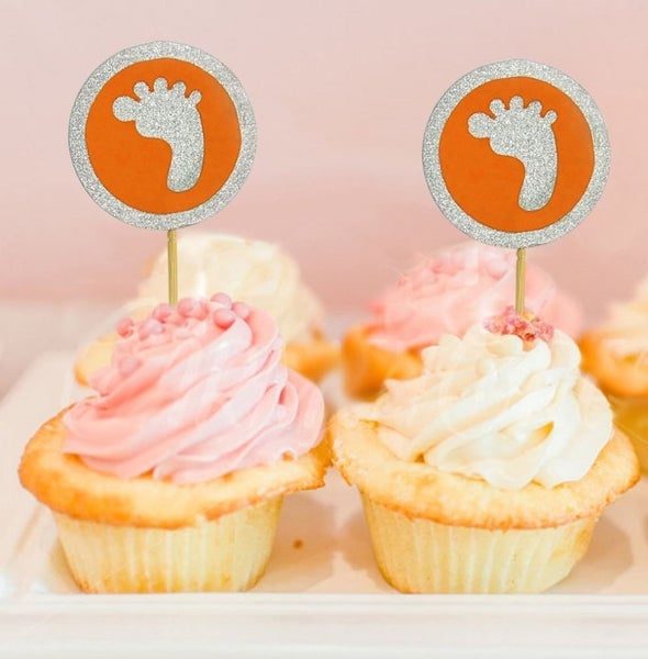 Darling Souvenir Baby Foot Baby Shower Cupcake Topper-Orange &Silver Glitter Carousel 1