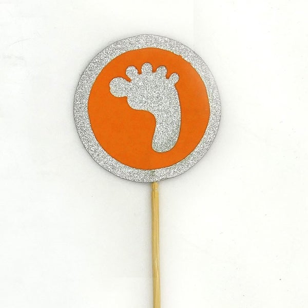 Darling Souvenir Baby Foot Baby Shower Cupcake Topper-Orange &Silver Glitter Carousel 3