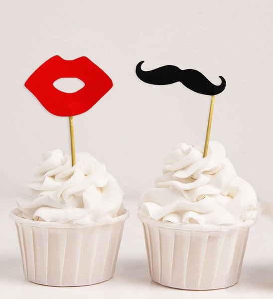 Darling Souvenir Moustache & Lips Birthday Party Cupcake Toppers-Black and Red Carousel 1