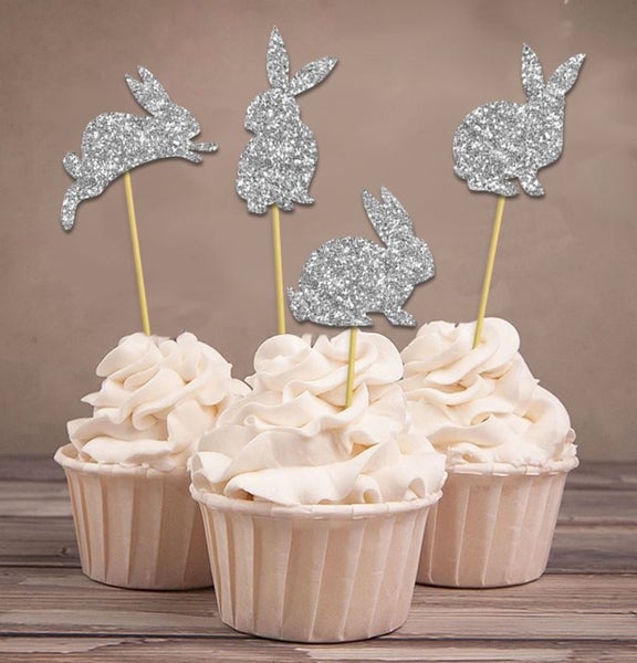 Darling Souvenir Easter Bunny Rabbit Dessert Cupcake Toppers-Glitter Silver Carousel 1
