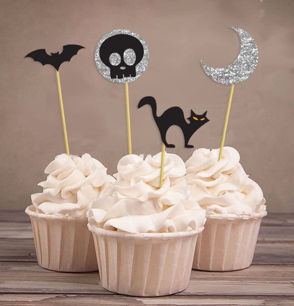 Bat Cat Moon Skull Halloween Party Dessert Cupcake Topper-Black & Glitter Silver Carousel 1