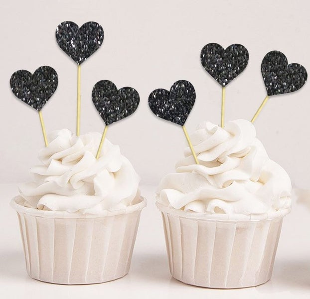 Darling Souvenir Baby Shower Birthday Heart Shape Cupcake Toppers-Glitter Black Carousel 1