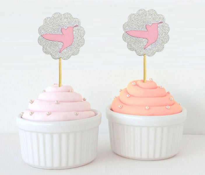 Wedding & Birthday Scallop Edge Bird Cupcake Toppers-Baby & Pink Glitter Silver Carousel 1