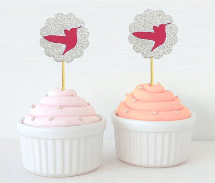 Wedding & Birthday Scallop Edge Bird Cupcake Toppers-Pink & Glitter Silver Carousel 1