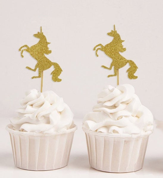 Darling Souvenir Baby Shower Unicorn Cupcake Dessert Toppers-Glitter Gold Carousel 1
