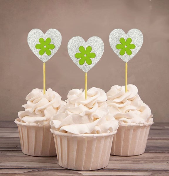 Glitter Heart Wedding & Birthday Party Cupcake Toppers-Green & Glitter Silver Carousel 1