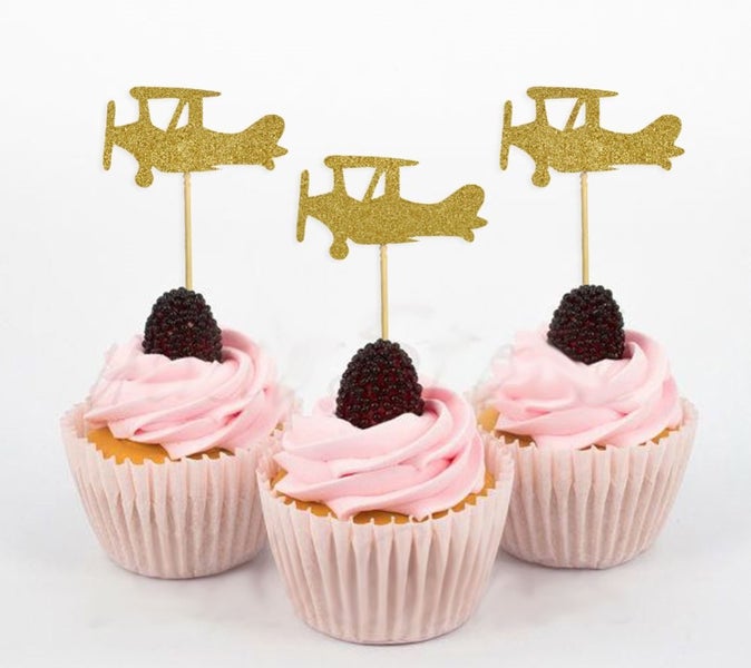 Darling Souvenir Birthday Wedding Plane Shape Cupcake Toppers-Glitter Gold Carousel 1