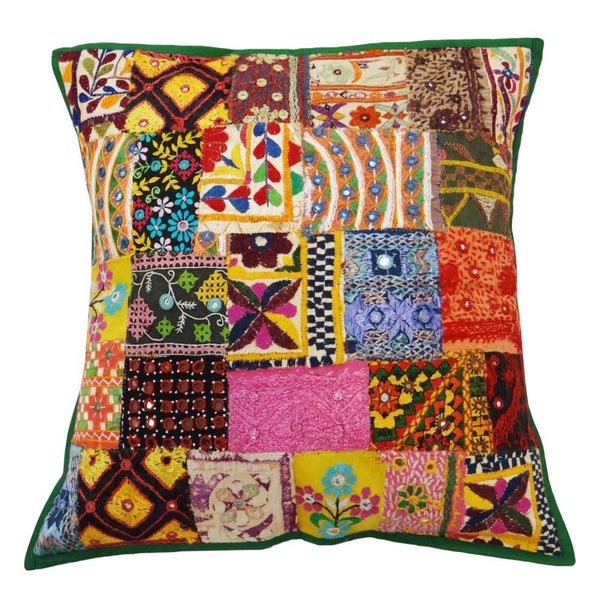 Indian Cushion Green Patchwork Pillow Sofa Pillow Covers Indian Cushion 24"X24" Carousel 1
