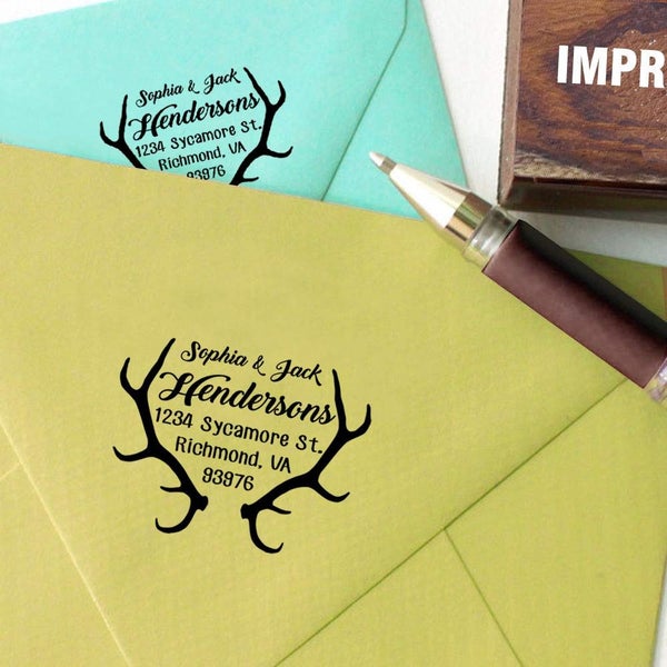 Printtoo Wood Mounted Custom Round Address Return Stamp Elk Antlers Stamper Carousel 2