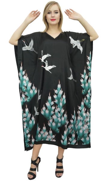 Bimba Women's Floral Bird Print Satin Maxi Kaftan Kimono Coverup Long Caftan-18 Carousel 1