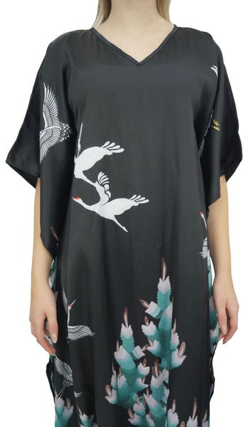 Bimba Women's Floral Bird Print Satin Maxi Kaftan Kimono Coverup Long Caftan-18 Carousel 5