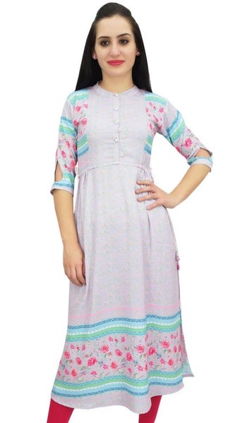 Bimba Women's Indian Ethnic Printed Pink Kurta Drawstring Waist Tunic Dress-26 Carousel 1