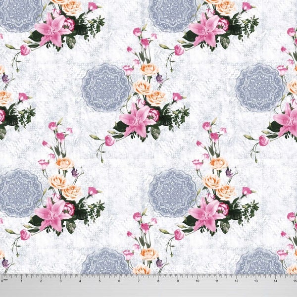 Soimoi Floral & Mandala Print White 58 Inches Wide Cotton Voile By The Yard Carousel 1