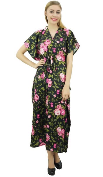 Bimba Women's Long Satin Floral Black Maxi Drawstring Kaftan Bridesmaid Gift Carousel 1