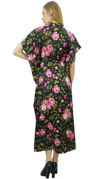 Bimba Women's Long Satin Floral Black Maxi Drawstring Kaftan Bridesmaid Gift Carousel 2