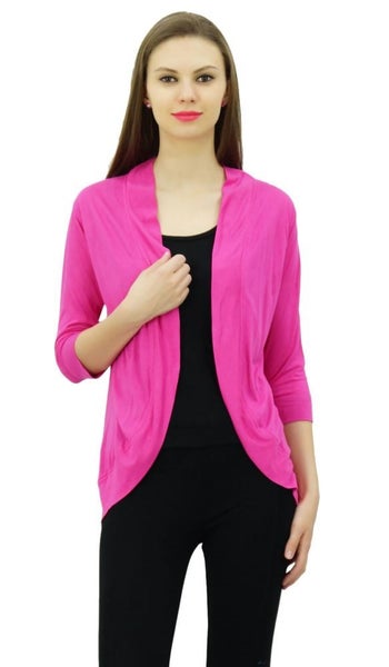 Bimba Women's Solid Shrug spandex 3/4 Sleeve Casual Fushia Pink Shrug Cardigan Carousel 1