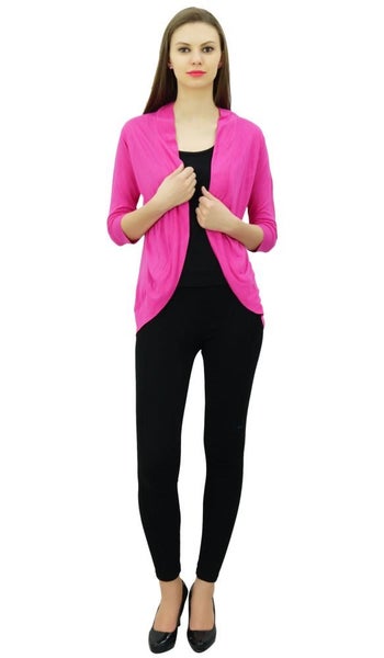 Bimba Women's Solid Shrug spandex 3/4 Sleeve Casual Fushia Pink Shrug Cardigan Carousel 2