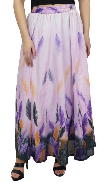 Bimba Women's Purple Feather Printed Cotton Elastic Waist Summer Long Skirt Carousel 1