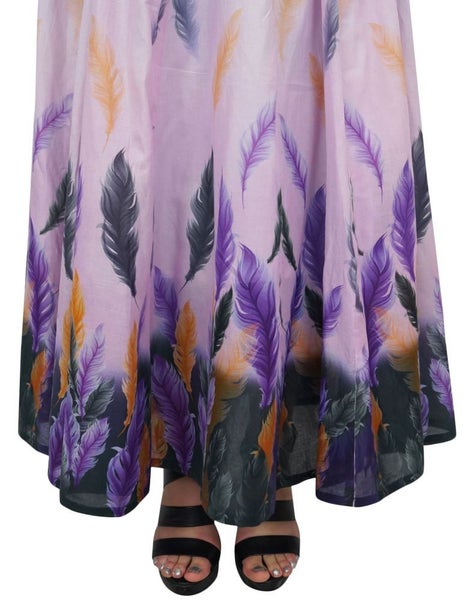 Bimba Women's Purple Feather Printed Cotton Elastic Waist Summer Long Skirt Carousel 5