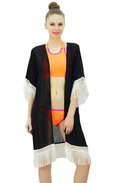 Bimba Women's Beach Coverup Sheer Black Georgette Trendy Tassel Shrug Carousel 1