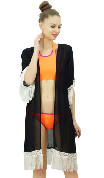 Bimba Women's Beach Coverup Sheer Black Georgette Trendy Tassel Shrug Carousel 2