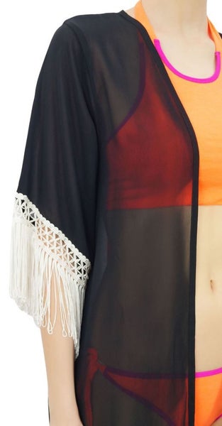 Bimba Women's Beach Coverup Sheer Black Georgette Trendy Tassel Shrug Carousel 10