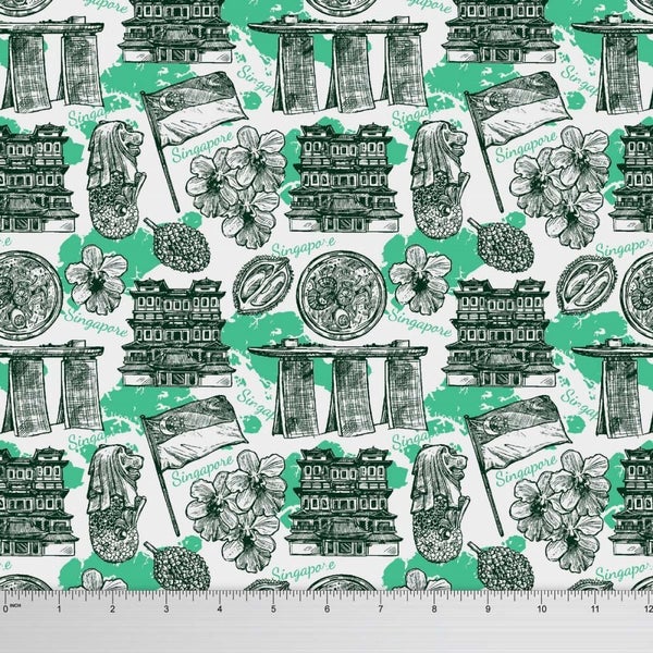 Soimoi Singapore Theme Architectural Print 44 Inches Wide Pure Silk 1 Yard Carousel 1