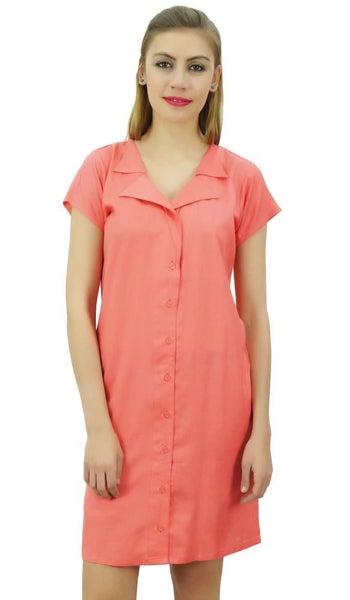 Bimba Women's Peach Long Shirt Getting Ready Buttondown Night Sleepdress-22. Carousel 1