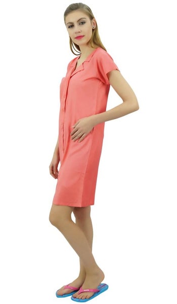 Bimba Women's Peach Long Shirt Getting Ready Buttondown Night Sleepdress-22. Carousel 6