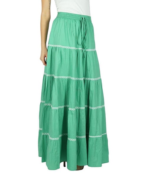 Bimba Womens Long Flaired Cotton Skirt Green Boho Maxi Bottoms Elastic Waist Carousel 1