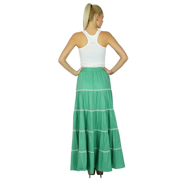 Bimba Womens Long Flaired Cotton Skirt Green Boho Maxi Bottoms Elastic Waist Carousel 2