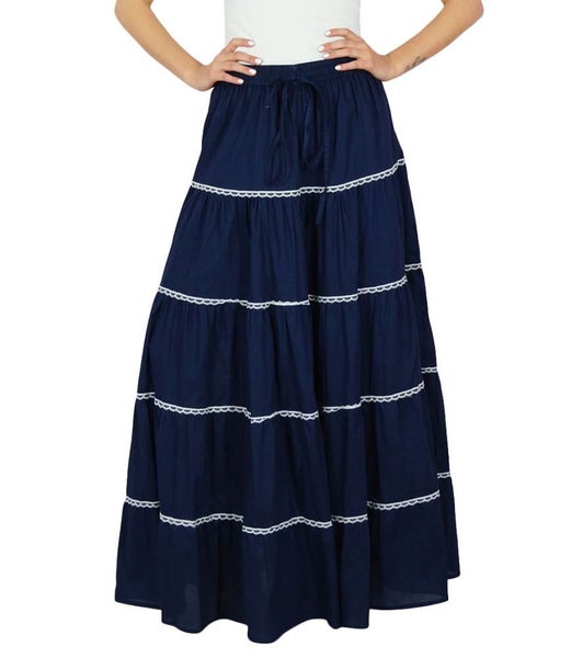 Bimba Womens Long Flaired Cotton Skirt Blue Boho Maxi Bottoms Elastic Waist Carousel 1
