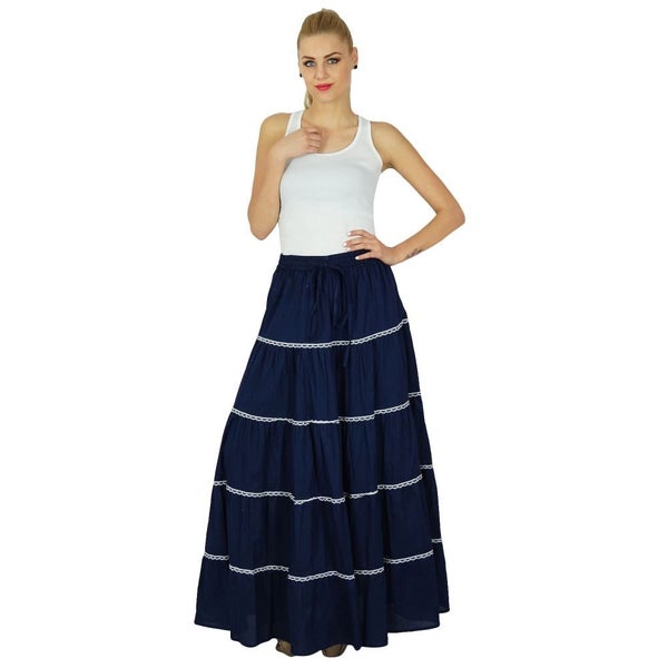 Bimba Womens Long Flaired Cotton Skirt Blue Boho Maxi Bottoms Elastic Waist Carousel 2