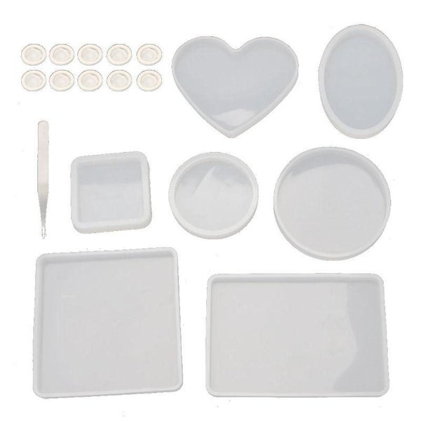 18Pcs Coaster Silicone Resin Mold Round Square Rectangle Heart Oval Molds Kit Carousel 2