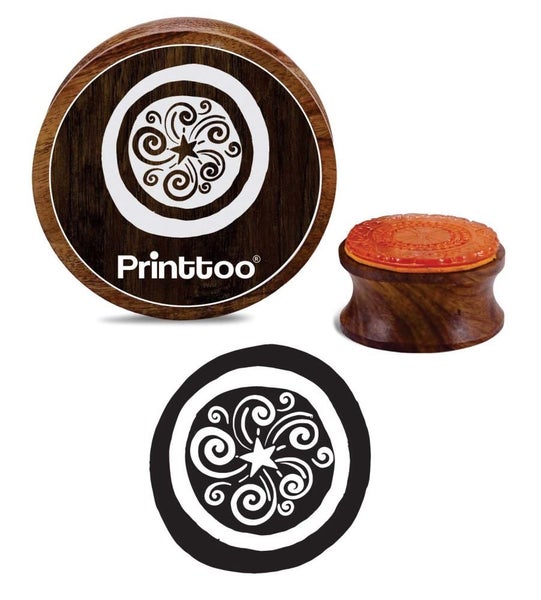 Star & Swirls Pattern Craft Textile Round Wooden Rubber Stamp Brown Block Carousel 1
