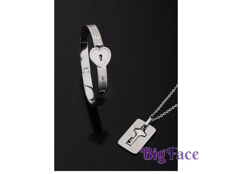 Stainless Steel Love Heart Lock Bracelets Pendant Necklace Sets For Couples Carousel 1