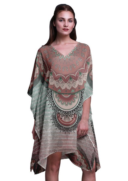 Phagun Floral Mandala Short Caftan Midi Dress Swimwear Cover up Womens Kaftan Carousel 1