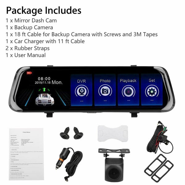 Backup Camera 10" Mirror Dash Cam Front and Rear 1080P Touch Screen Night Vision Carousel 12