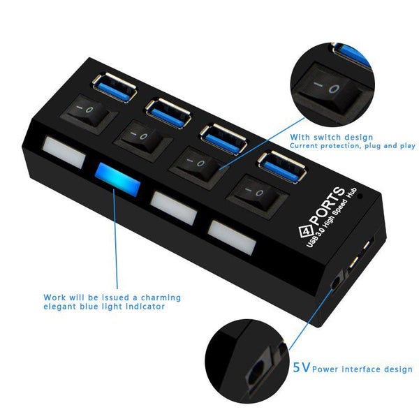 USB 3.0 Hub With 4 Ports On/Off Switch High Speed 5Gbps USB Splitter HUB Carousel 2
