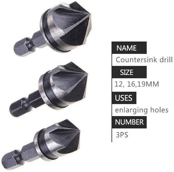 3PCS 1/4 Inch Hex Shank 5 Flute 90 Degree Chamfering Countersink Drill Bit Set Carousel 2
