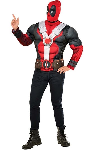 LICENSED MUSCLE CHEST DEADPOOL TOP T-SHIRT & MASK SUPERHERO HALLOWEEN COSTUME Carousel 1