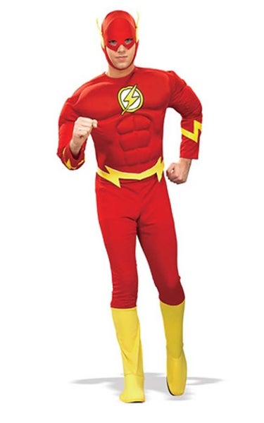 LICENSED DELUXE MUSCLE CHEST THE FLASH SUPER HERO MENS ADULT FANCY DRESS COSTUME Carousel 1