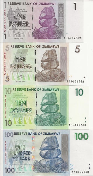 ZIMBABWE 2007 4 banknote Set UNC Carousel 1
