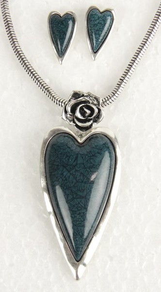 Earring & Necklace Set - Heart Resin W Rose Set - Teal Carousel 1