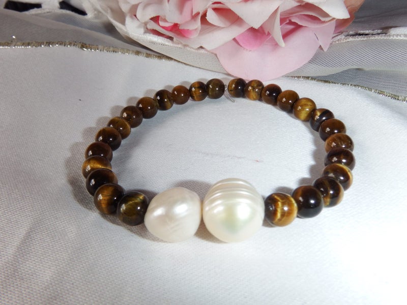 White Freshwater Pearl & Tigers Eye Bracelet - #PTE6 Carousel 1